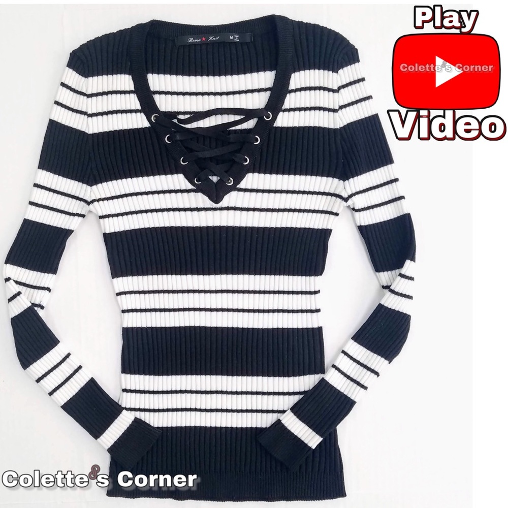 Ribbed Black & White Stripe String Lace-Up  V-Neck Sweater